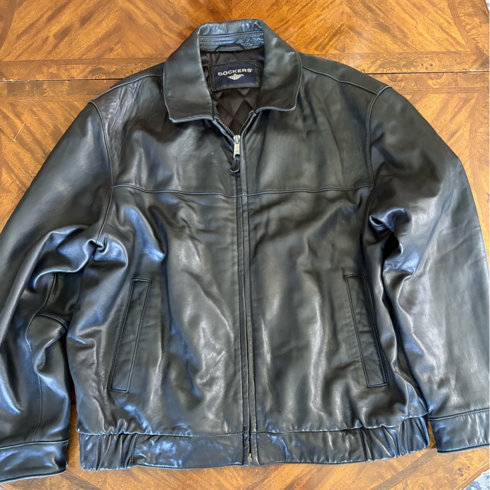 Dockers Black Leather Bomber Jacket- Size L